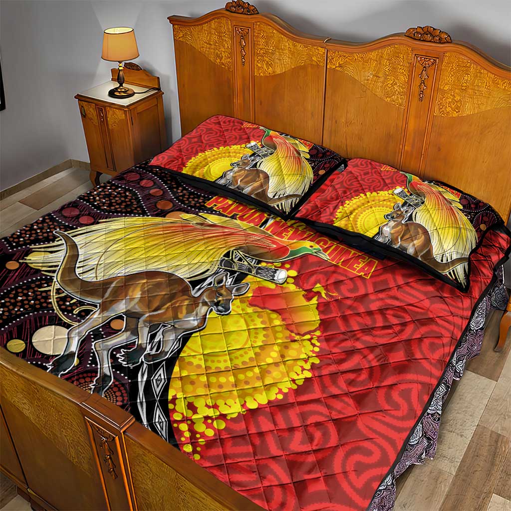 Australia and Papua New Guinea Together Quilt Bed Set Bird-of-paradise and Kangaroo with Oro Tapa and Aboriginal Art Motifs - Aussie Hoodie