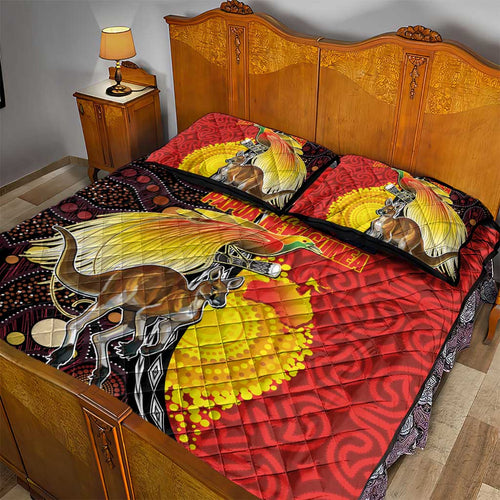 Australia and Papua New Guinea Together Quilt Bed Set Bird-of-paradise and Kangaroo with Oro Tapa and Aboriginal Art Motifs - Aussie Hoodie