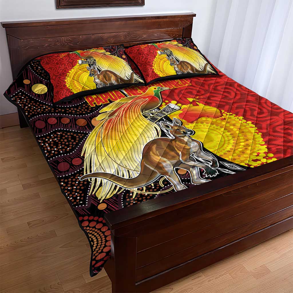 Australia and Papua New Guinea Together Quilt Bed Set Bird-of-paradise and Kangaroo with Oro Tapa and Aboriginal Art Motifs - Aussie Hoodie