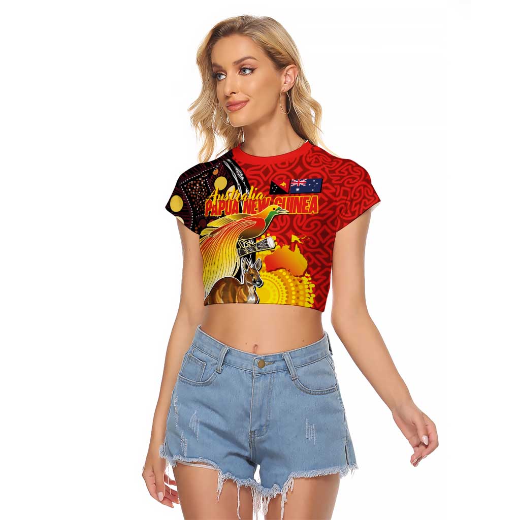 Australia and Papua New Guinea Together Raglan Cropped T Shirt Bird-of-paradise and Kangaroo with Oro Tapa and Aboriginal Art Motifs - Aussie Hoodie