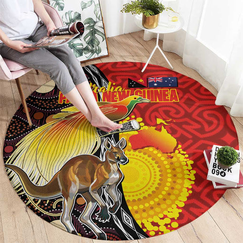Australia and Papua New Guinea Together Round Carpet Bird-of-paradise and Kangaroo with Oro Tapa and Aboriginal Art Motifs - Aussie Hoodie