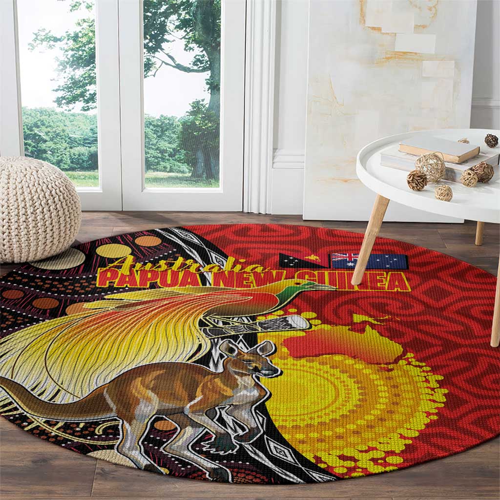 Australia and Papua New Guinea Together Round Carpet Bird-of-paradise and Kangaroo with Oro Tapa and Aboriginal Art Motifs - Aussie Hoodie
