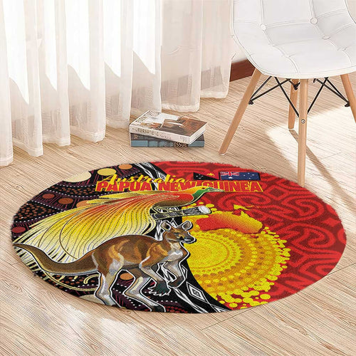 Australia and Papua New Guinea Together Round Carpet Bird-of-paradise and Kangaroo with Oro Tapa and Aboriginal Art Motifs - Aussie Hoodie
