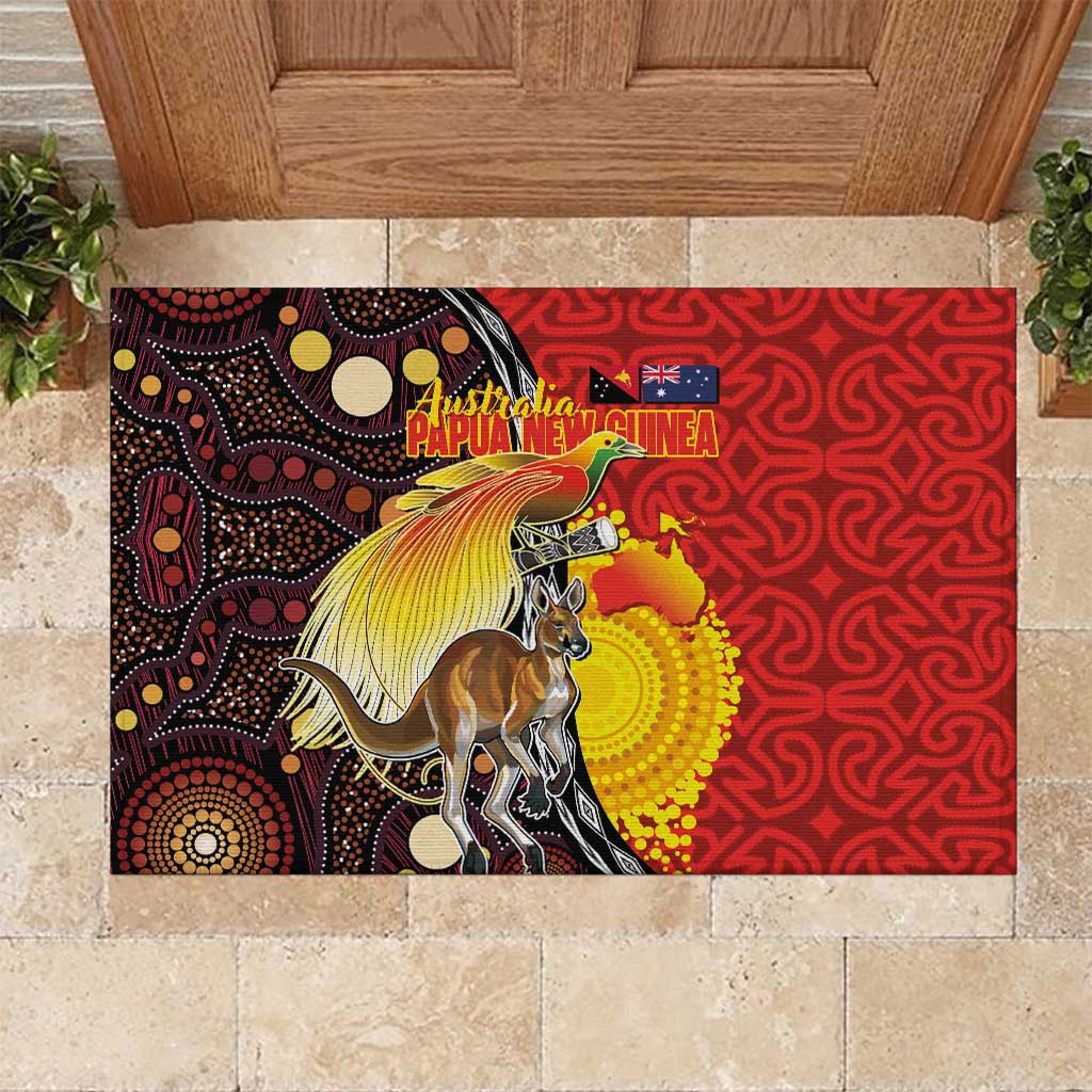 Australia and Papua New Guinea Together Rubber Doormat Bird-of-paradise and Kangaroo with Oro Tapa and Aboriginal Art Motifs - Aussie Hoodie
