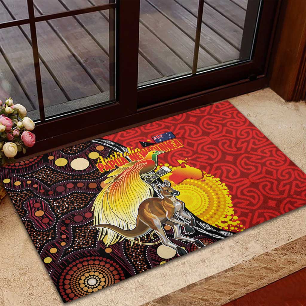 Australia and Papua New Guinea Together Rubber Doormat Bird-of-paradise and Kangaroo with Oro Tapa and Aboriginal Art Motifs - Aussie Hoodie