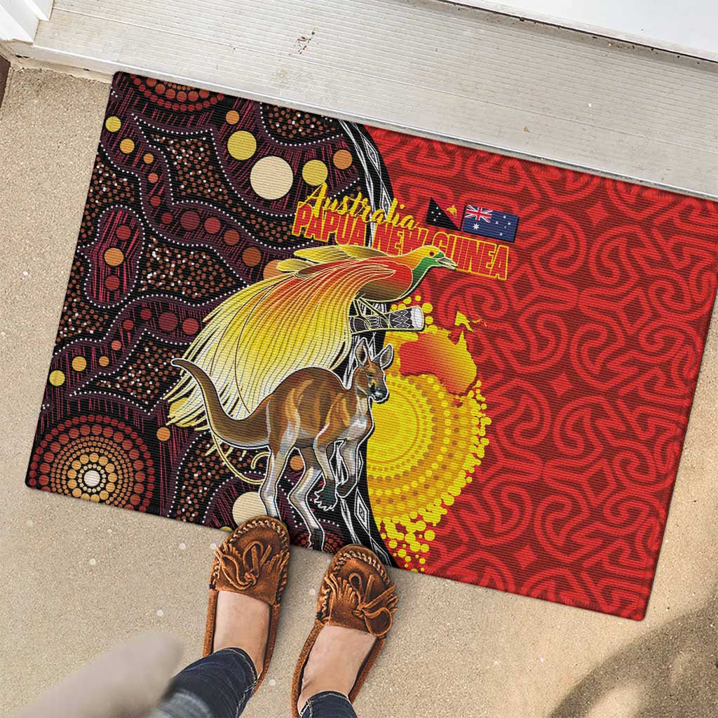 Australia and Papua New Guinea Together Rubber Doormat Bird-of-paradise and Kangaroo with Oro Tapa and Aboriginal Art Motifs - Aussie Hoodie