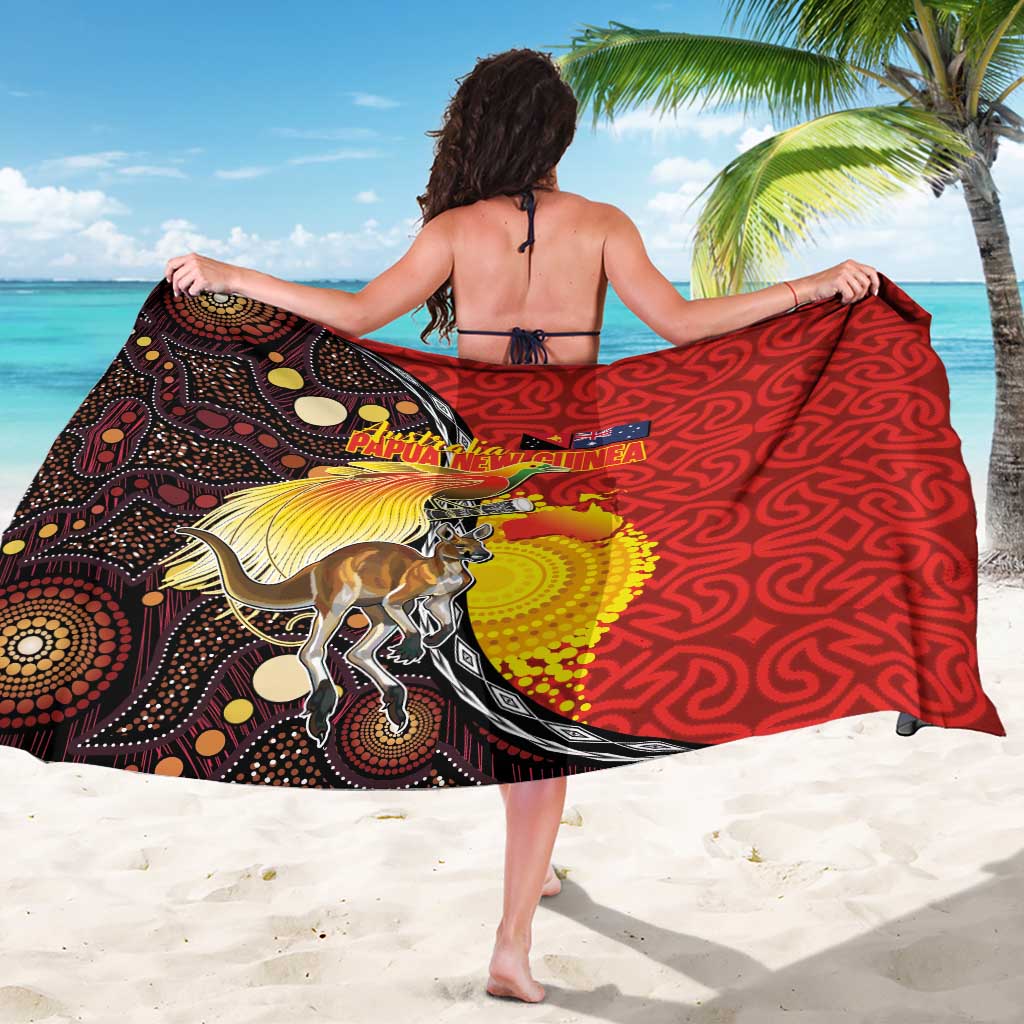 Australia and Papua New Guinea Together Sarong Bird-of-paradise and Kangaroo with Oro Tapa and Aboriginal Art Motifs - Aussie Hoodie