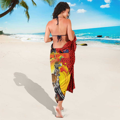 Australia and Papua New Guinea Together Sarong Bird-of-paradise and Kangaroo with Oro Tapa and Aboriginal Art Motifs - Aussie Hoodie