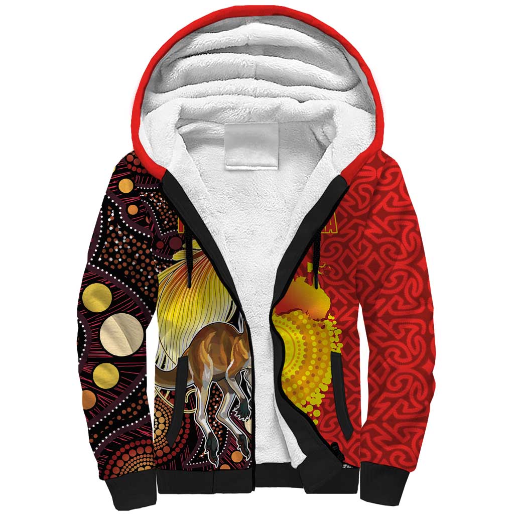 Australia and Papua New Guinea Together Sherpa Hoodie Bird-of-paradise and Kangaroo with Oro Tapa and Aboriginal Art Motifs - Aussie Hoodie