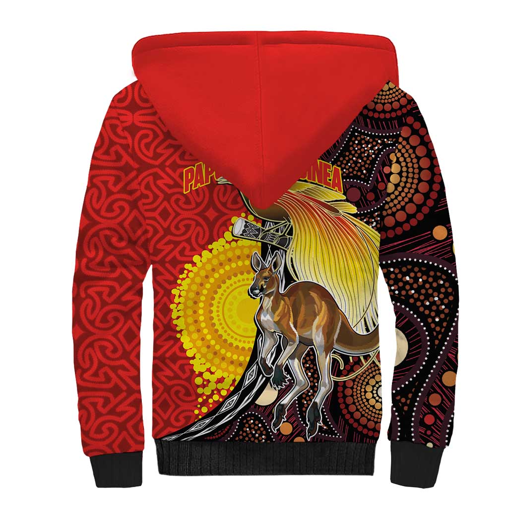 Australia and Papua New Guinea Together Sherpa Hoodie Bird-of-paradise and Kangaroo with Oro Tapa and Aboriginal Art Motifs - Aussie Hoodie