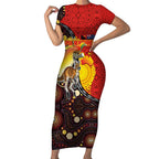 Australia and Papua New Guinea Together Short Sleeve Bodycon Dress Bird-of-paradise and Kangaroo with Oro Tapa and Aboriginal Art Motifs - Aussie Hoodie