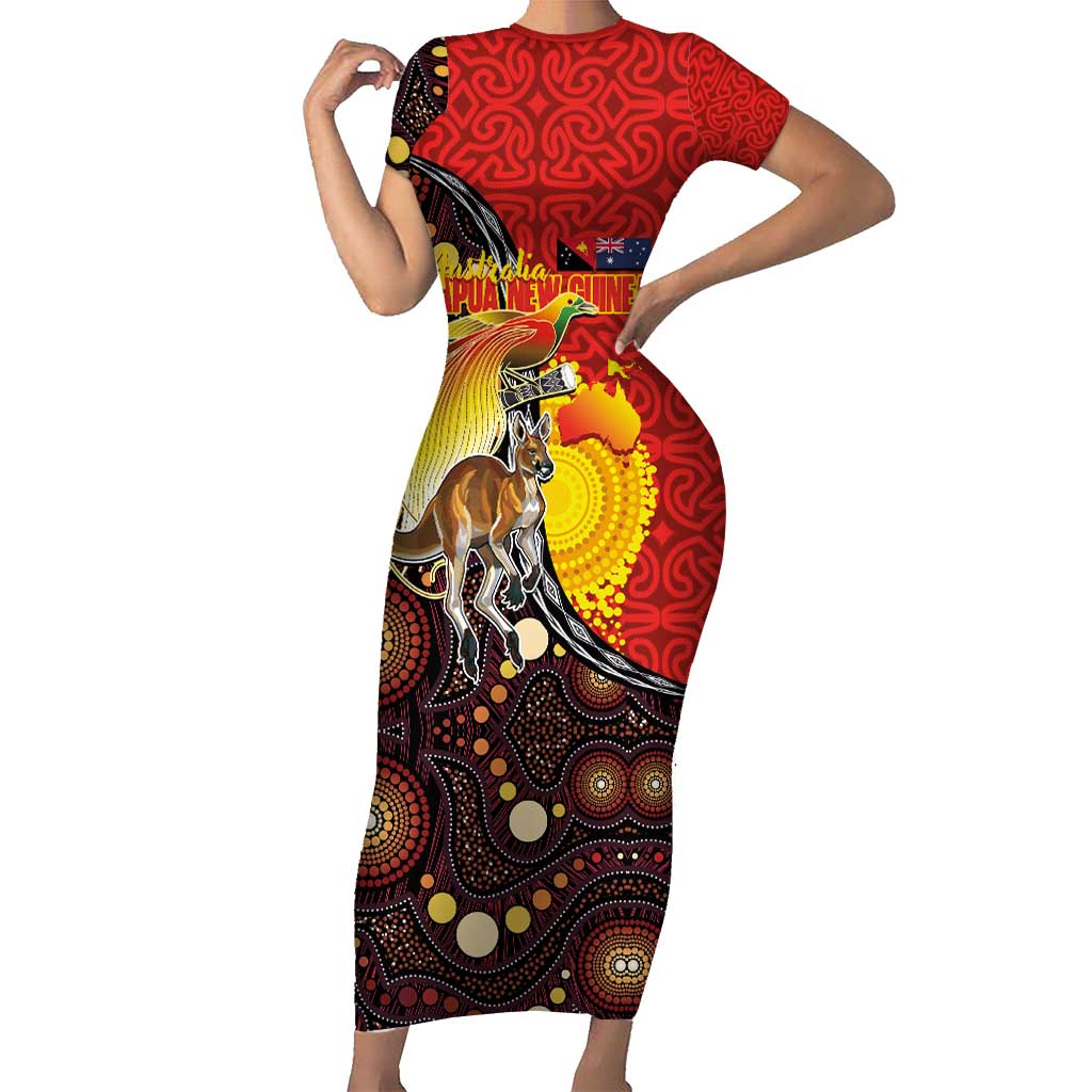 Australia and Papua New Guinea Together Short Sleeve Bodycon Dress Bird-of-paradise and Kangaroo with Oro Tapa and Aboriginal Art Motifs - Aussie Hoodie
