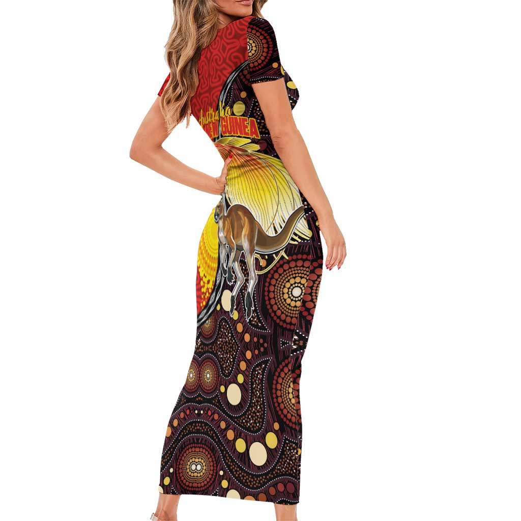Australia and Papua New Guinea Together Short Sleeve Bodycon Dress Bird-of-paradise and Kangaroo with Oro Tapa and Aboriginal Art Motifs - Aussie Hoodie