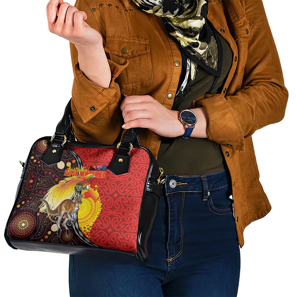 Australia and Papua New Guinea Together Shoulder Handbag Bird-of-paradise and Kangaroo with Oro Tapa and Aboriginal Art Motifs - Aussie Hoodie