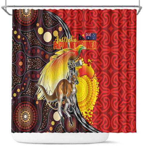 Australia and Papua New Guinea Together Shower Curtain Bird-of-paradise and Kangaroo with Oro Tapa and Aboriginal Art Motifs - Aussie Hoodie