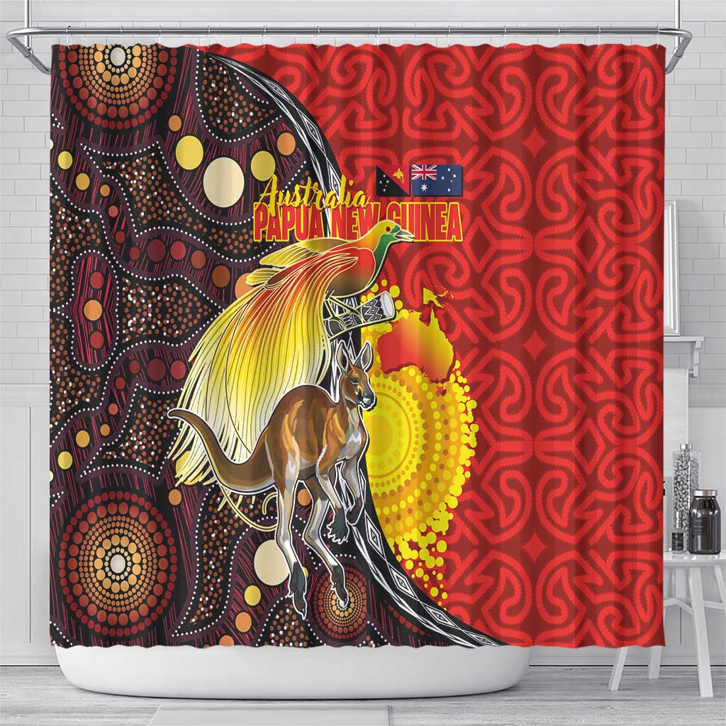 Australia and Papua New Guinea Together Shower Curtain Bird-of-paradise and Kangaroo with Oro Tapa and Aboriginal Art Motifs - Aussie Hoodie