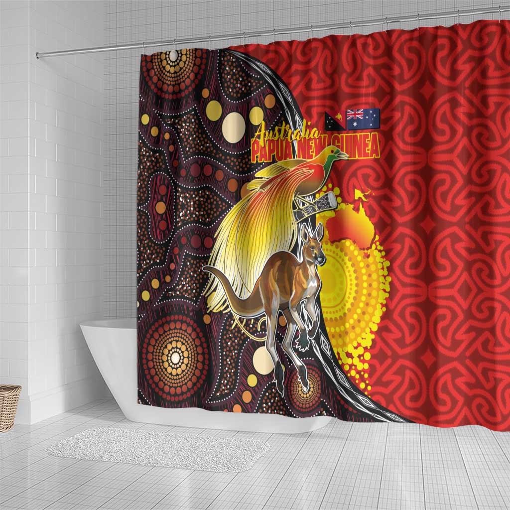 Australia and Papua New Guinea Together Shower Curtain Bird-of-paradise and Kangaroo with Oro Tapa and Aboriginal Art Motifs - Aussie Hoodie