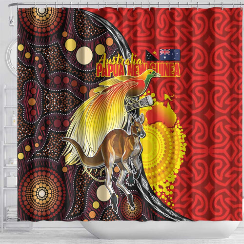 Australia and Papua New Guinea Together Shower Curtain Bird-of-paradise and Kangaroo with Oro Tapa and Aboriginal Art Motifs - Aussie Hoodie