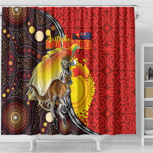 Australia and Papua New Guinea Together Shower Curtain Bird-of-paradise and Kangaroo with Oro Tapa and Aboriginal Art Motifs - Aussie Hoodie
