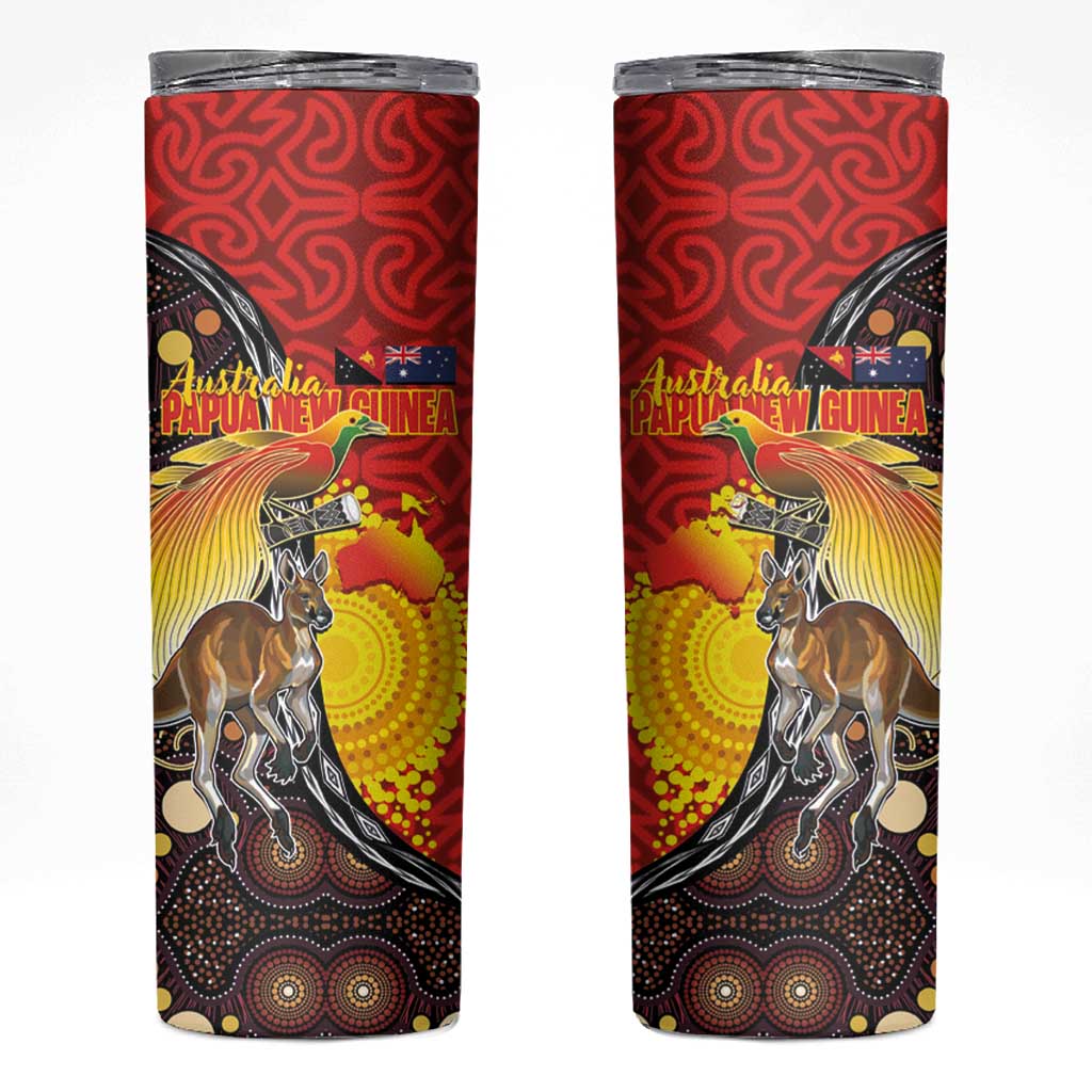 Australia and Papua New Guinea Together Skinny Tumbler Bird-of-paradise and Kangaroo with Oro Tapa and Aboriginal Art Motifs - Aussie Hoodie