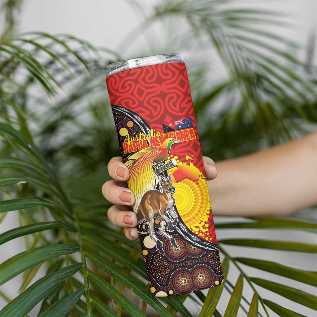 Australia and Papua New Guinea Together Skinny Tumbler Bird-of-paradise and Kangaroo with Oro Tapa and Aboriginal Art Motifs - Aussie Hoodie