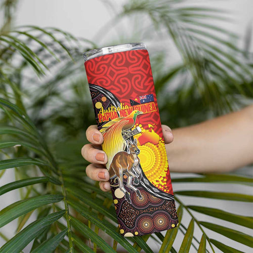 Australia and Papua New Guinea Together Skinny Tumbler Bird-of-paradise and Kangaroo with Oro Tapa and Aboriginal Art Motifs - Aussie Hoodie