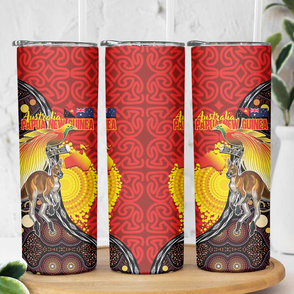 Australia and Papua New Guinea Together Skinny Tumbler Bird-of-paradise and Kangaroo with Oro Tapa and Aboriginal Art Motifs - Aussie Hoodie