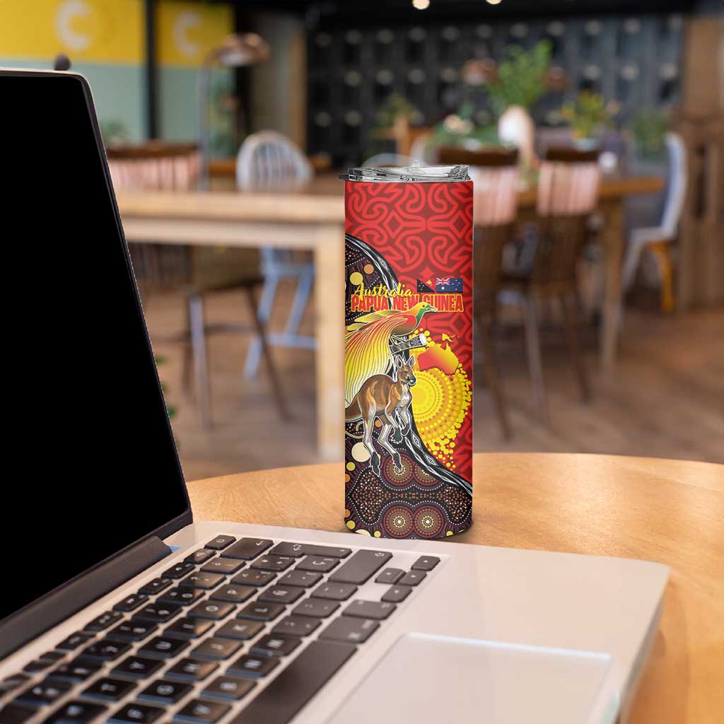 Australia and Papua New Guinea Together Skinny Tumbler Bird-of-paradise and Kangaroo with Oro Tapa and Aboriginal Art Motifs - Aussie Hoodie