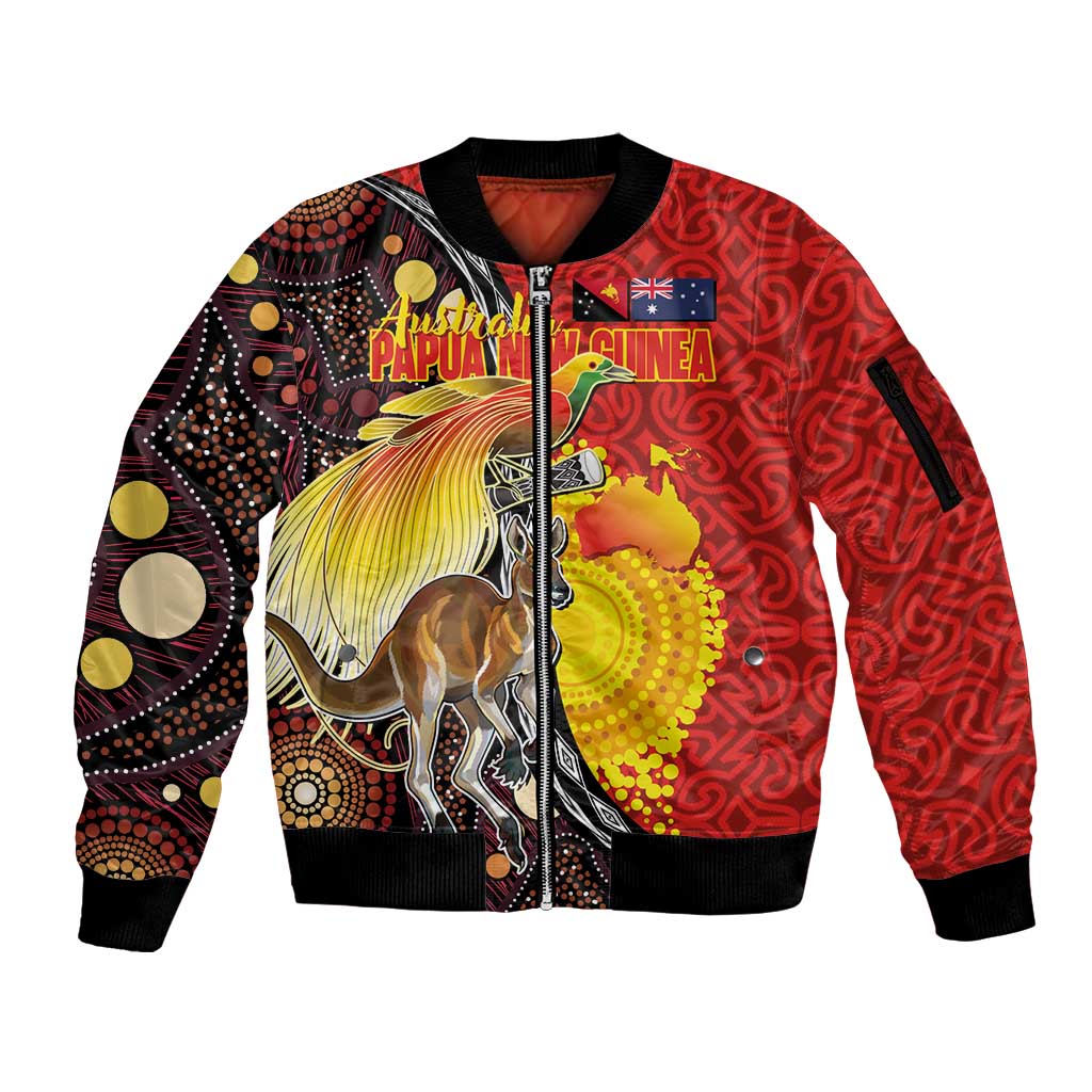 Australia and Papua New Guinea Together Sleeve Zip Bomber Jacket Bird-of-paradise and Kangaroo with Oro Tapa and Aboriginal Art Motifs - Aussie Hoodie