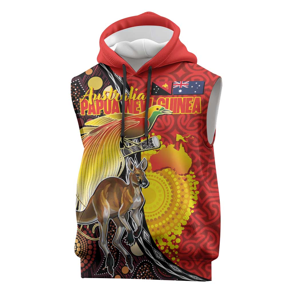 Australia and Papua New Guinea Together Sleeveless Hoodie Bird-of-paradise and Kangaroo with Oro Tapa and Aboriginal Art Motifs - Aussie Hoodie