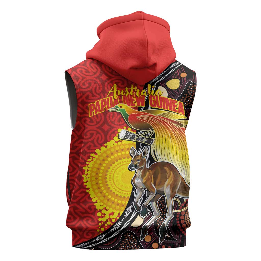 Australia and Papua New Guinea Together Sleeveless Hoodie Bird-of-paradise and Kangaroo with Oro Tapa and Aboriginal Art Motifs - Aussie Hoodie