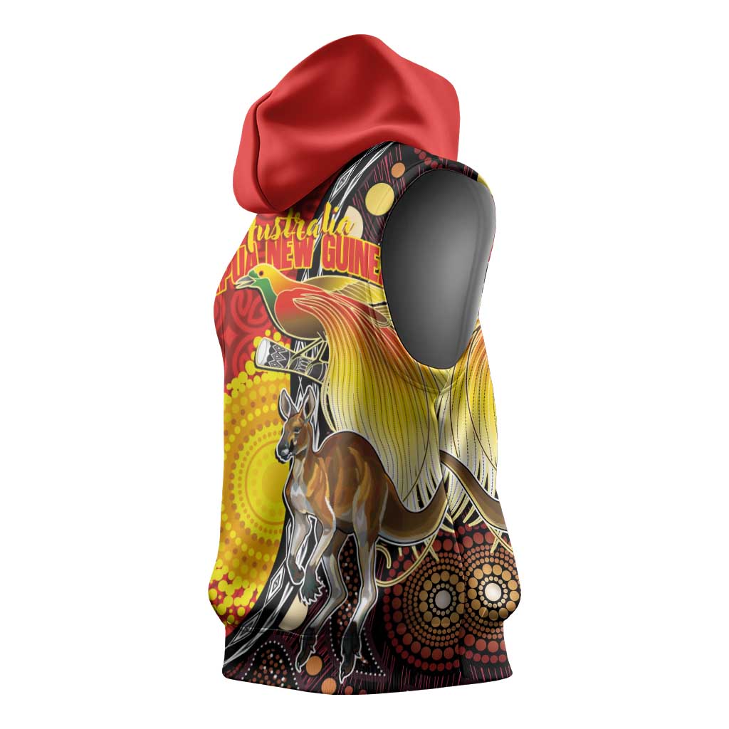 Australia and Papua New Guinea Together Sleeveless Hoodie Bird-of-paradise and Kangaroo with Oro Tapa and Aboriginal Art Motifs - Aussie Hoodie