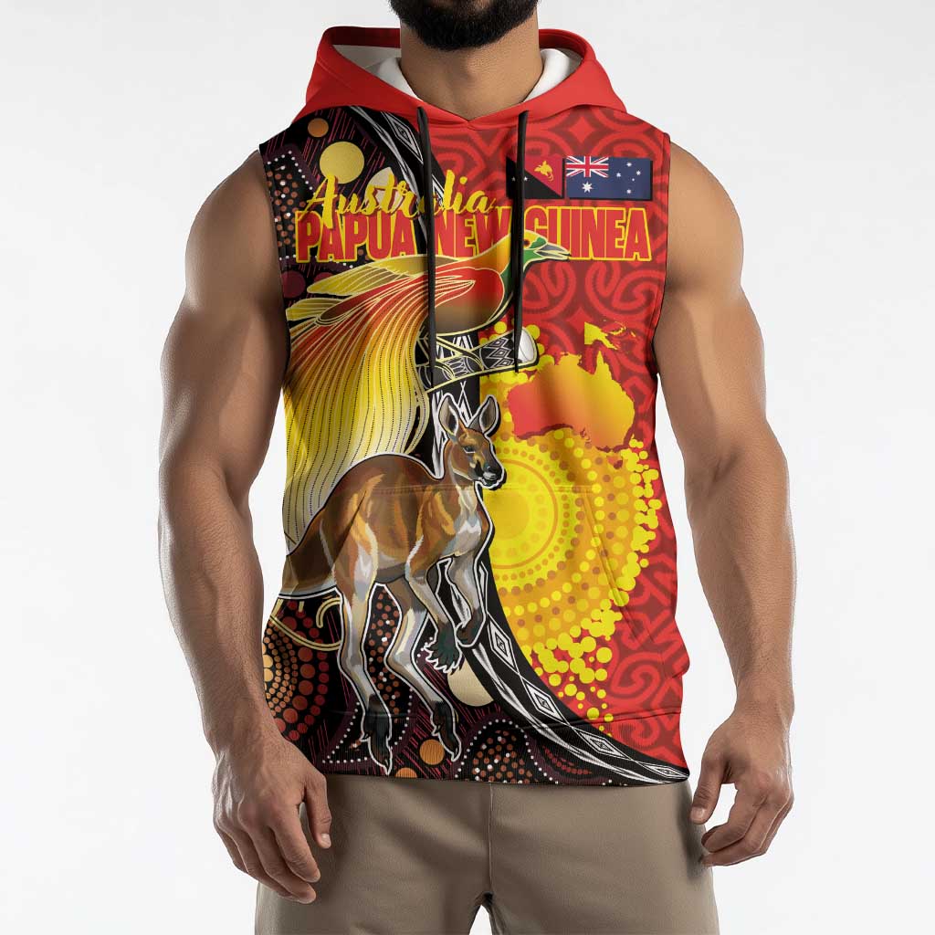 Australia and Papua New Guinea Together Sleeveless Hoodie Bird-of-paradise and Kangaroo with Oro Tapa and Aboriginal Art Motifs - Aussie Hoodie
