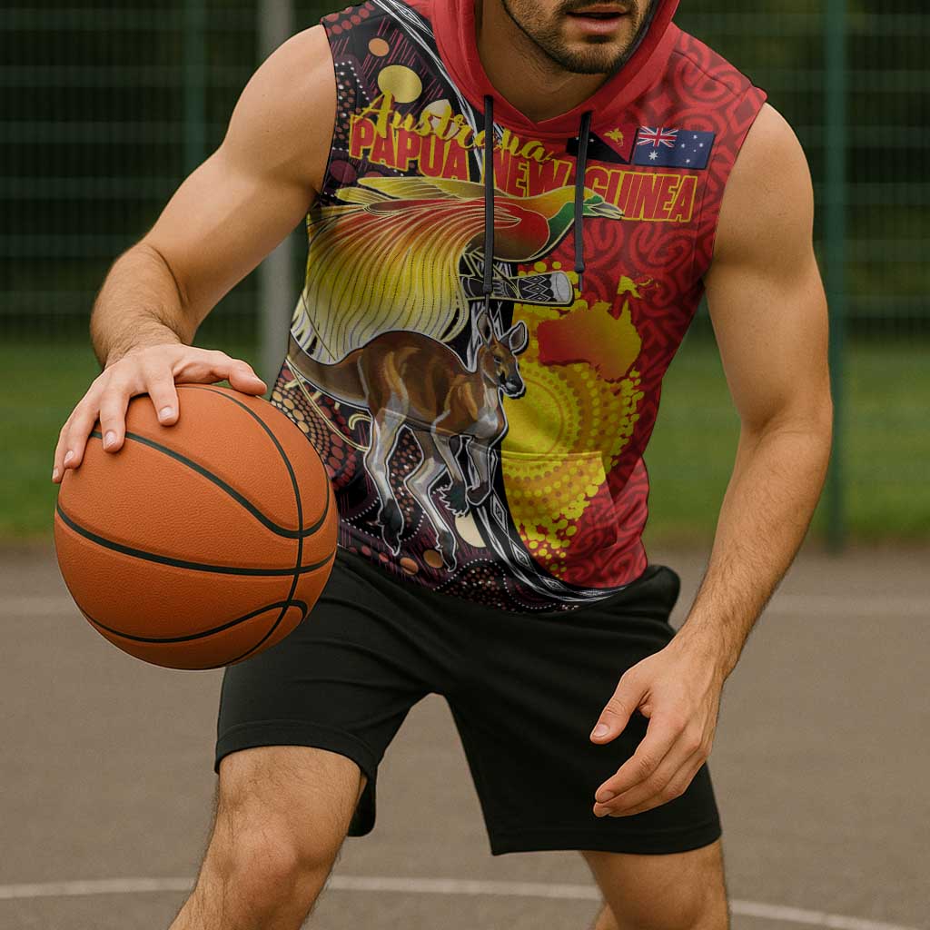 Australia and Papua New Guinea Together Sleeveless Hoodie Bird-of-paradise and Kangaroo with Oro Tapa and Aboriginal Art Motifs - Aussie Hoodie