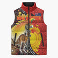 Australia and Papua New Guinea Together Sleeveless Puffer Jacket Bird-of-paradise and Kangaroo with Oro Tapa and Aboriginal Art Motifs - Aussie Hoodie