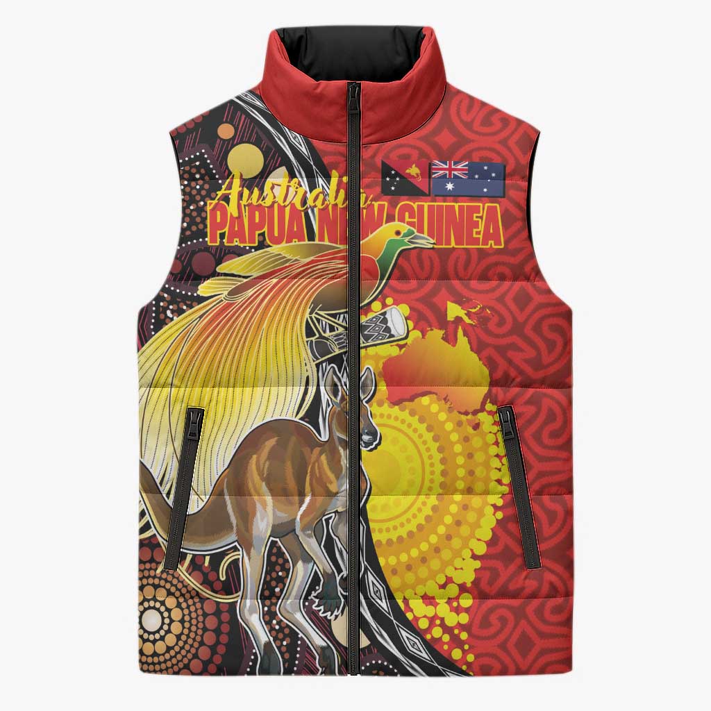 Australia and Papua New Guinea Together Sleeveless Puffer Jacket Bird-of-paradise and Kangaroo with Oro Tapa and Aboriginal Art Motifs - Aussie Hoodie