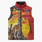 Australia and Papua New Guinea Together Sleeveless Puffer Jacket Bird-of-paradise and Kangaroo with Oro Tapa and Aboriginal Art Motifs - Aussie Hoodie