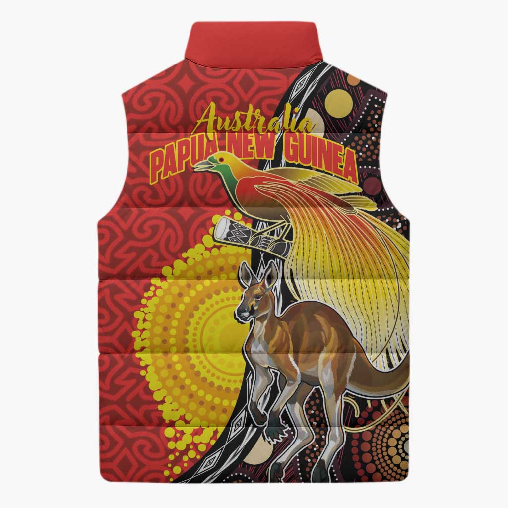 Australia and Papua New Guinea Together Sleeveless Puffer Jacket Bird-of-paradise and Kangaroo with Oro Tapa and Aboriginal Art Motifs - Aussie Hoodie