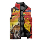 Australia and Papua New Guinea Together Sleeveless Puffer Jacket Bird-of-paradise and Kangaroo with Oro Tapa and Aboriginal Art Motifs - Aussie Hoodie