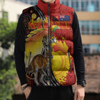 Australia and Papua New Guinea Together Sleeveless Puffer Jacket Bird-of-paradise and Kangaroo with Oro Tapa and Aboriginal Art Motifs - Aussie Hoodie