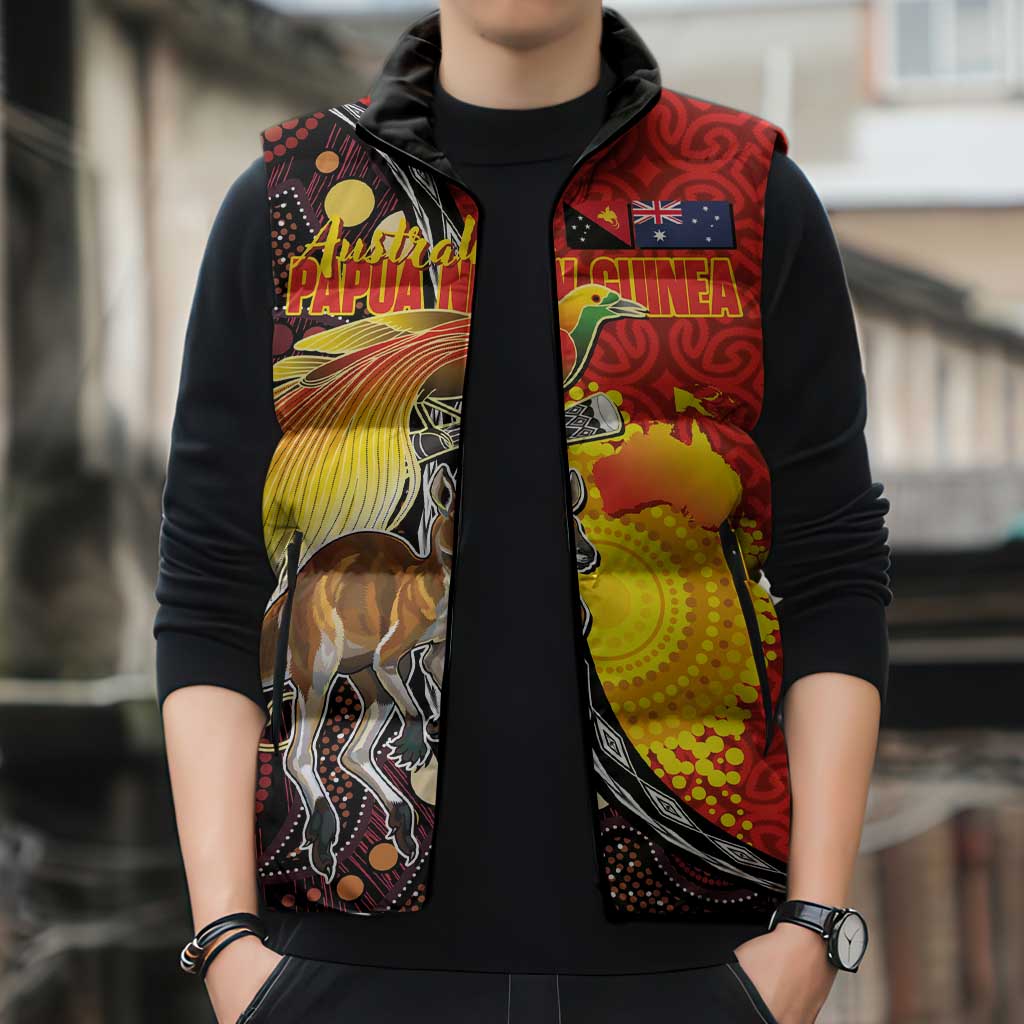 Australia and Papua New Guinea Together Sleeveless Puffer Jacket Bird-of-paradise and Kangaroo with Oro Tapa and Aboriginal Art Motifs - Aussie Hoodie