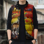 Australia and Papua New Guinea Together Sleeveless Puffer Jacket Bird-of-paradise and Kangaroo with Oro Tapa and Aboriginal Art Motifs - Aussie Hoodie