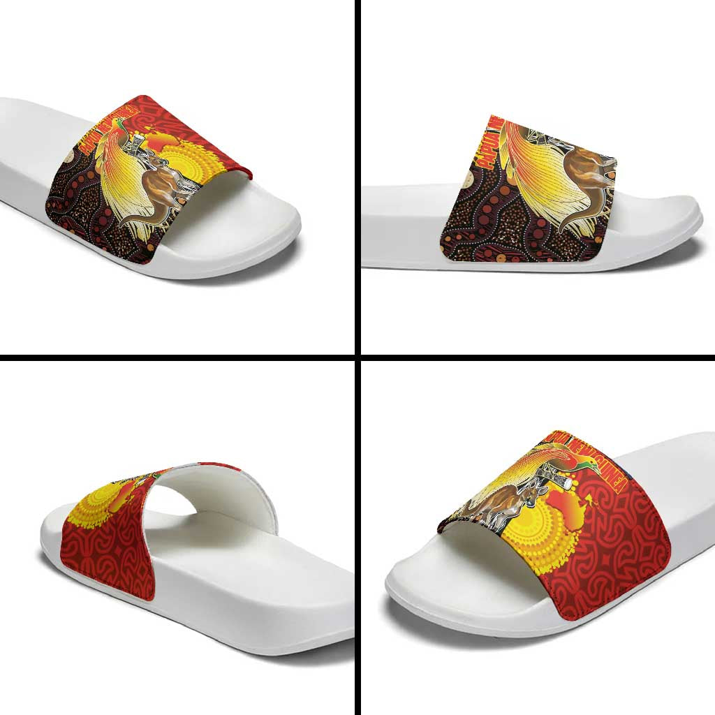 Australia and Papua New Guinea Together Slide Sandals Bird-of-paradise and Kangaroo with Oro Tapa and Aboriginal Art Motifs - Aussie Hoodie