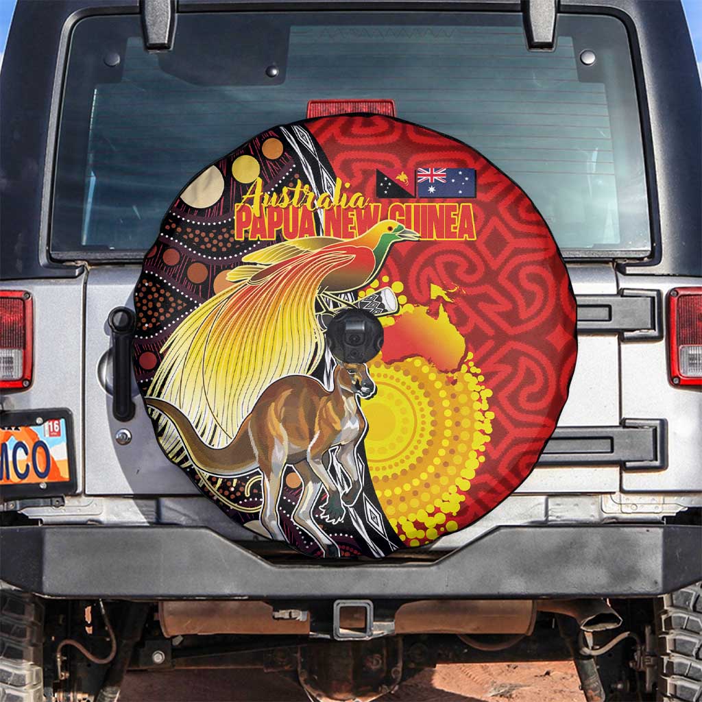 Australia and Papua New Guinea Together Spare Tire Cover Bird-of-paradise and Kangaroo with Oro Tapa and Aboriginal Art Motifs - Aussie Hoodie