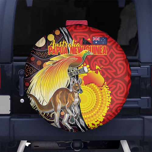 Australia and Papua New Guinea Together Spare Tire Cover Bird-of-paradise and Kangaroo with Oro Tapa and Aboriginal Art Motifs - Aussie Hoodie