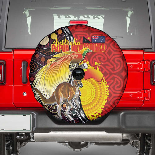 Australia and Papua New Guinea Together Spare Tire Cover Bird-of-paradise and Kangaroo with Oro Tapa and Aboriginal Art Motifs - Aussie Hoodie
