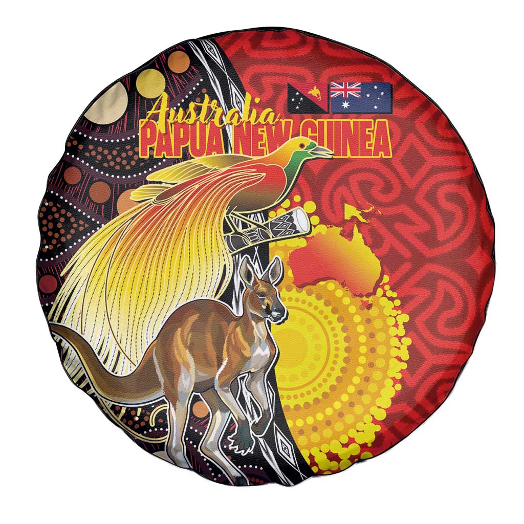Australia and Papua New Guinea Together Spare Tire Cover Bird-of-paradise and Kangaroo with Oro Tapa and Aboriginal Art Motifs - Aussie Hoodie