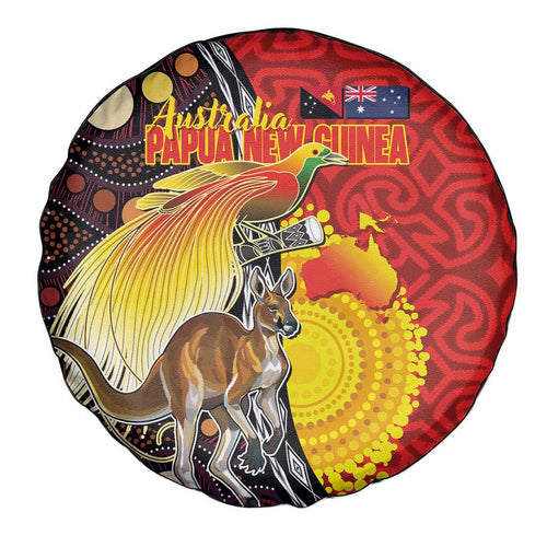 Australia and Papua New Guinea Together Spare Tire Cover Bird-of-paradise and Kangaroo with Oro Tapa and Aboriginal Art Motifs - Aussie Hoodie