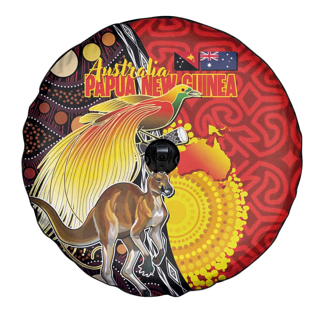 Australia and Papua New Guinea Together Spare Tire Cover Bird-of-paradise and Kangaroo with Oro Tapa and Aboriginal Art Motifs - Aussie Hoodie