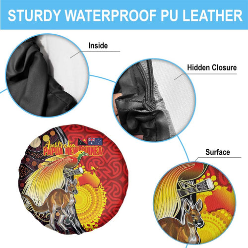Australia and Papua New Guinea Together Spare Tire Cover Bird-of-paradise and Kangaroo with Oro Tapa and Aboriginal Art Motifs - Aussie Hoodie